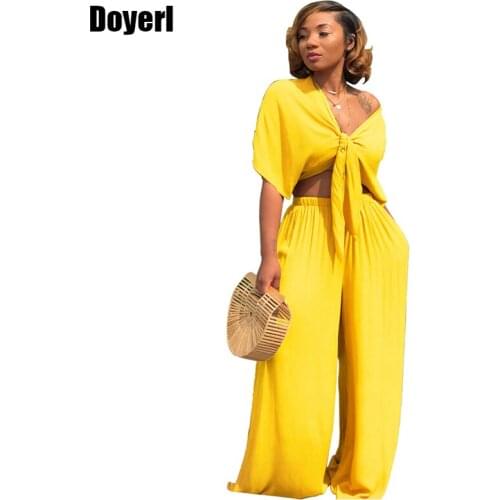 2 Piece Set Women 2020 Summer Set Short Sleeve Bow Tie Up Crop Top and Long Wide Leg Pants Set Fashion Ladies Trousers Suits