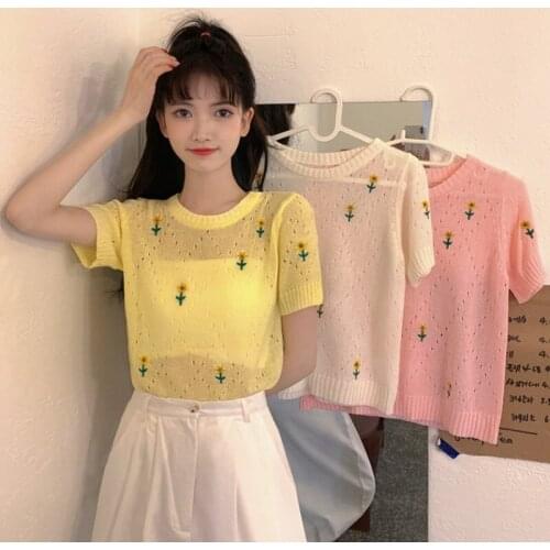 Embroidery Hollow Round Neck Short-sleeved Sweater Womens Summer New Korean Version Loose and Thin Short Top Trend