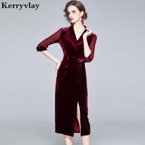 Winter Women High-Waisted Wine Red Velvet Dress 2021 Elegant Long Sleeve Midi Gothic Party Dress Vestido De Mujer K8215