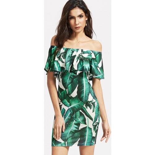 Custom Made New Fashion Womens Sexy Off Shoulder Green Leaves Printed Short Dress Vestido