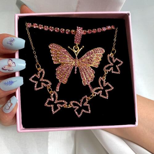 JUST FEEL Trendy Hollow Butterfly Crystal Choker Necklaces for Women Multilayer Big Butterfly Rhinestone Necklace Party Jewelry