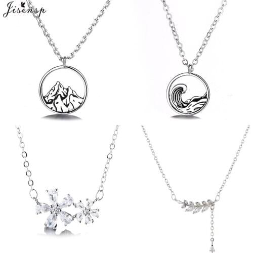 Jisensp Silver Color Chain i love you Pendant Necklace Vintage Mountain Sea Couple Necklace for Women Leaves Flowers Necklace