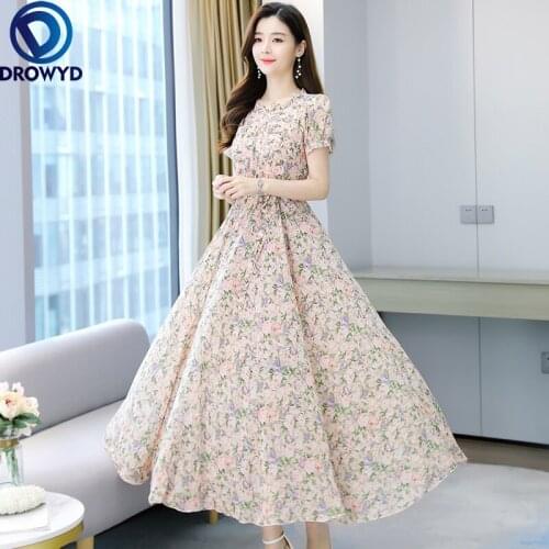 2021 Summer Elegant Chiffon Green Long Floral Dresses Ladies A-Line Ruffle Neck Short Sleeve Loose Casual Party Dresses Vestidos