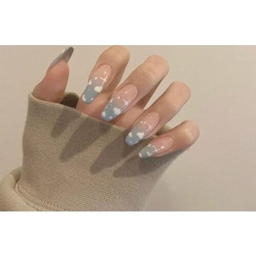 24pcs/Set Cute Cloud Pattern False Nails Extra Long Mixed Blue Coffin Shaped Fingernail Accessory Full Nail Art Tips with Glue