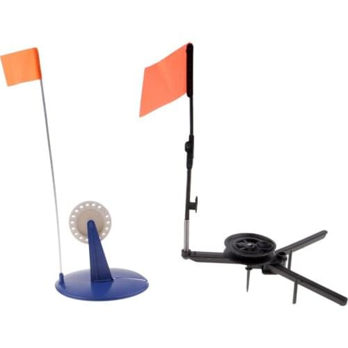 2x Sturdy ABS Folding Ice Fishing Rods Triangular Tip-Up with Orange Flag Black & Blue Ice Rod