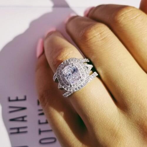 Solid 925 Sterling Silver 3pcs in 1 cushion zircon Wedding Ring Set for Bridal Women Finger Gift Africa Fashion Jewelry R4842