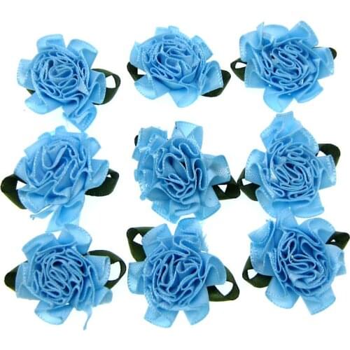 30pcs 1" Blue Carnation Satin Fabric Flowers Leaf Ruffle flowers Appliques Sewing Wedding Hair Accessories 25mm