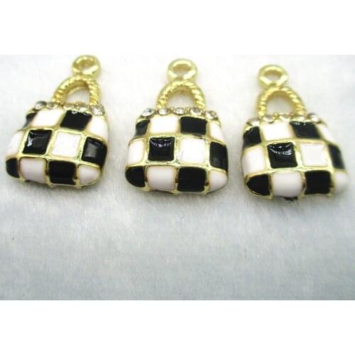 6pcs/lot 13*22mm Black and white plaid Lady bag Enamel Charms Pendant fit Bracelet DIY Craft Jewelry Accessories XL422