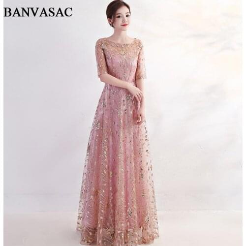 BANVASAC Illusion O Neck Sequined A Line Long Evening Dresses Elegant Half Sleeve Metal Leaf Sash Party Prom Gowns