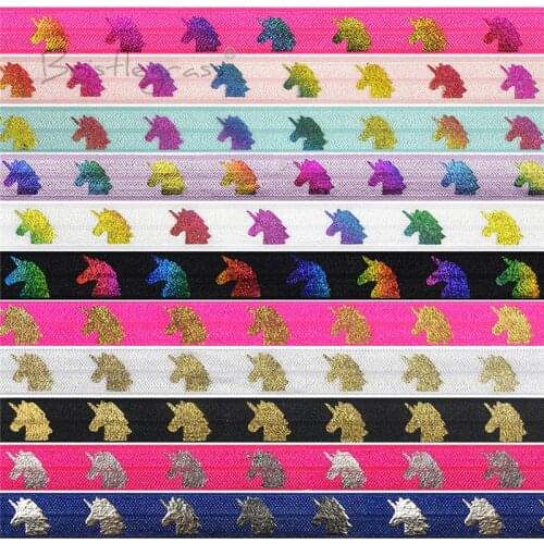 BRISTLEGRASS 5 Yard 5/8" 15mm Unicorn Rainbow Gold Silver Print FOE Fold Over Elastics Spandex Satin Bands Hair Tie Dress Sewing