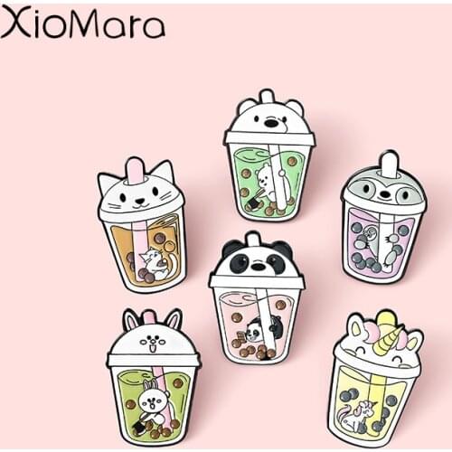 Bubble Milk Tea Enamel Pins Animal Cup Lid Super Cute Brooches Badges Clothes Bag Pins Cartoon Jewelry Gift for Friends
