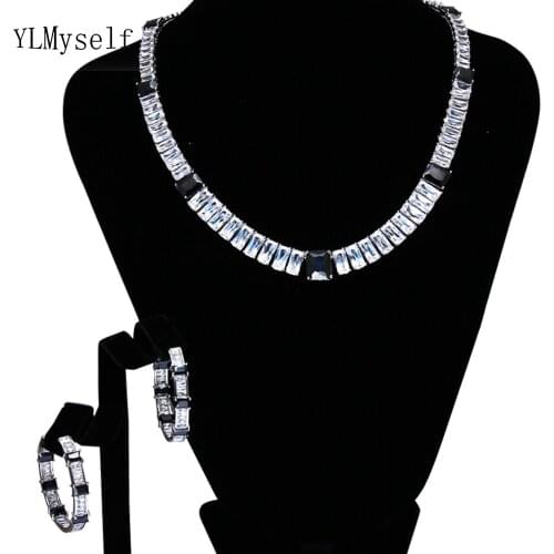 Shiny square crystal stones Necklace Hoop Earrings jewelry set for party quick delivery beautiful 2pcs jewelry sets for women