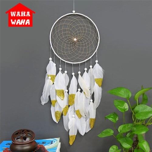 Indian Style Gold White Feather Dream Catcher Handmade Dream Catcher with Feathers Wall Hanging Ornament Craft Gift