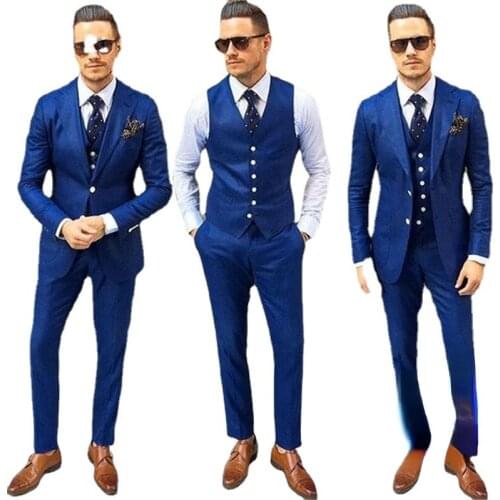 Royal Blue Groomsmen Tuxedos Custom Handmade Best Men Suits For Weddings Mens Wedding Formal Prom Dress ( Jacket+Pants+Vest)