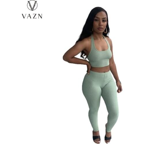 VAZN 2021 New Knit Set Parity Tracksuits Young Sexy Solid Halter Off Shoulder Top Long Pencil Pants Skinny Women 2 Piece Set