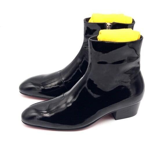 Winter Runway New Med Heels Men Pointed Toe Ankle Boots Italian Handmade Genuine Leather High Top Punk Zipper Motor Biker Shoes