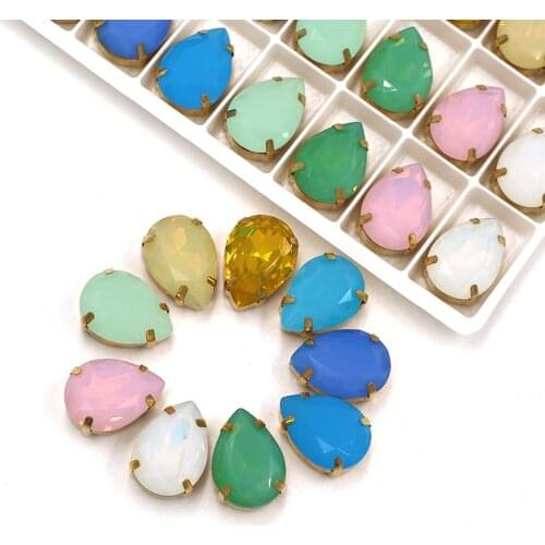 New arrivals high quality K9 glass crystal Drop shape opal sew on rhinestones with gold frame diy clothing/handcraft
