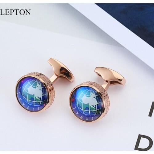New Globe Earth Cufflinks Rose Gold Color Lepton Stainless steel Rotatable globe planet earth World Map Cuff links For Mens Gift