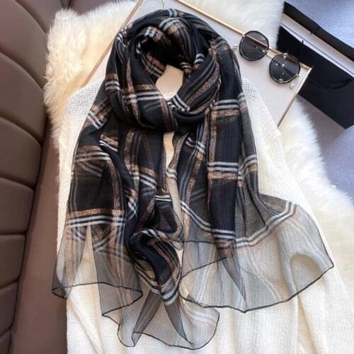 New Fashion Lattice Soft Silk Scarf for Women Lurex Edge Scarfs Female Shawls Warm Neckerchief Vintage Long Scarves Holiday Gift