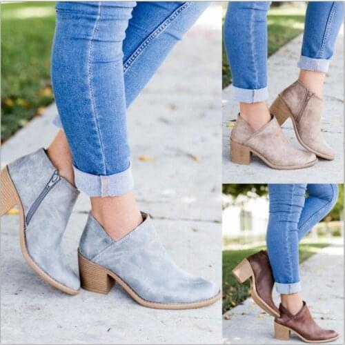 Drop shipping girl ankle boots vintage square chunky mid heels ladies chaussure women spring autumn shoes woman zapatos mujer