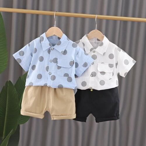 New Summer Baby Boys Fashion Casual Clothes Sets Kids Girls Dot Print Short Sleeve Shirt +solid Shorts Infant Clothing Suits