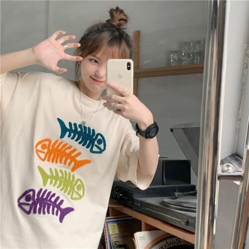 Harajuku Shirt Japanese Kawaii Color Fishbone T-Shirt For Girls Sweet Tops Cute Korean Style Aesthetic Gothic Womens Clothing