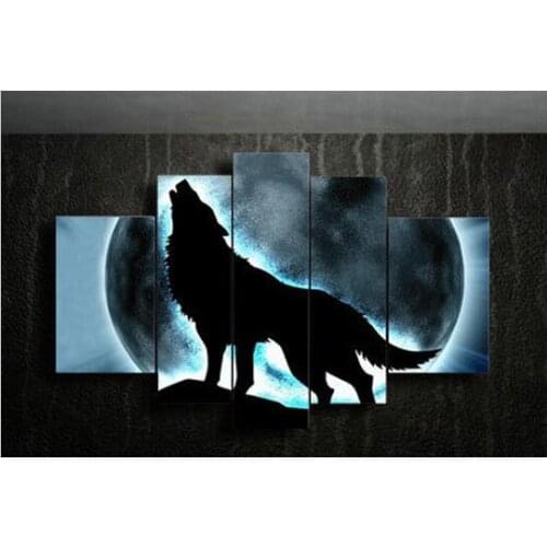 Custom Modern hand painted Blue And Black Wall Art Oil Painting on Canvas wolf howl the moon Canvas Painting Drop shipping