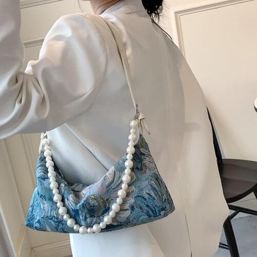 Armpit Baguette Shoulder Bag Women 2021 Fashion Oil Painting Flowers Printed Pearl Tote Bags Designer Girls Purses and Handbags