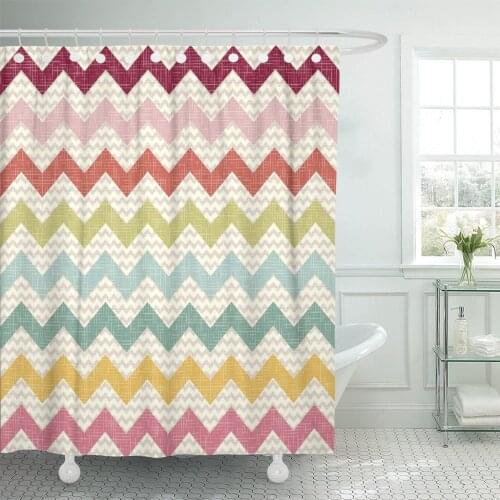 Beige Classic Color Chevron Pattern on Linen Zigzag Blue Geometric Bathroom Curtain Waterproof Polyester Fabric 72 x 72 Inches