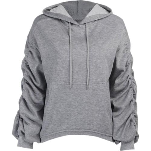 New Cotton Women Casual Loose Ruched Hoodies Autumn Winter Solid Color Long Sleeve Warm Hooded Sweatshirts Pocket Femme Coats