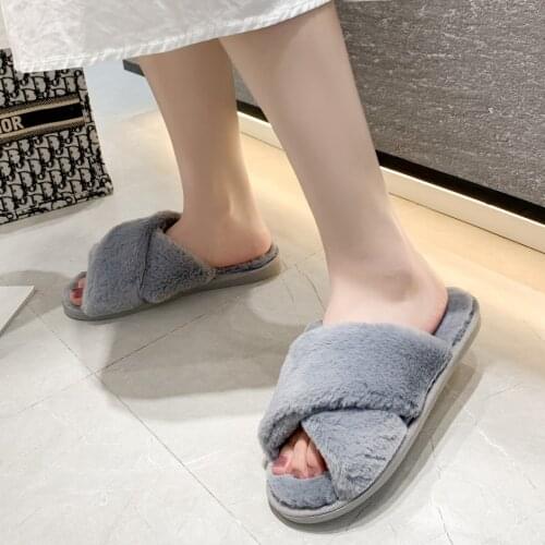 2021 Winter Women House Slippers Slip on Flats Female Slides Faux Fur Fashion Warm Shoes Woman Black Pink Cozy Furry Slippers