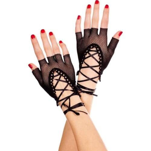 Womens Womens Wrist Length Punk Sexy Half Finger Gloves Solid Color Hollow Out Fishnet Criss Cross Lace Up Bandage Mittens Party