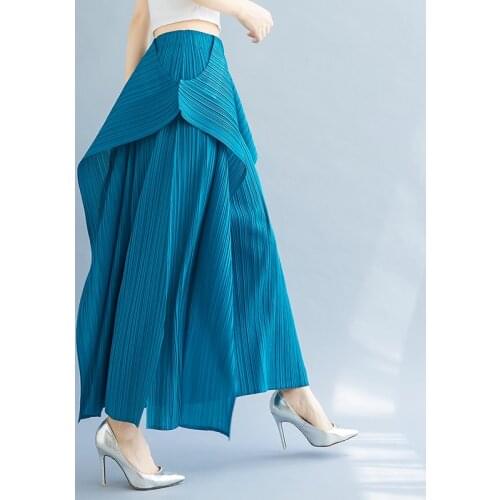 2021 Irregular Split Fork Wide Leg Pants Loose Solid Color Elastic Waist Casual Women Miyak Pleated Plus Size Trousers Ladies