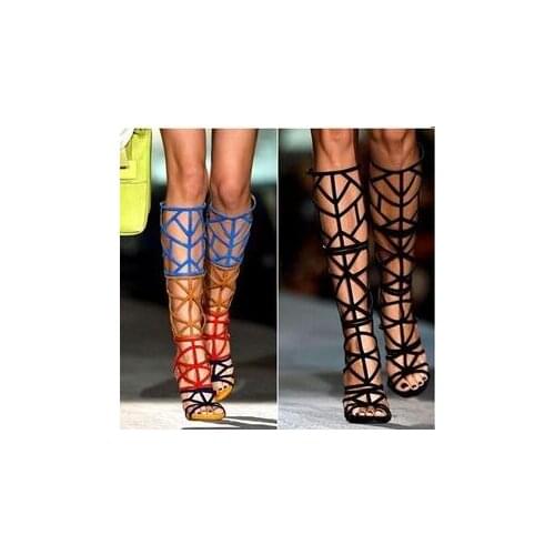 Top Quality Fashion Black Suede Leather Cage Boots Cut-out Peep Toe Gladiator Sandals Boot For Women Free Ship