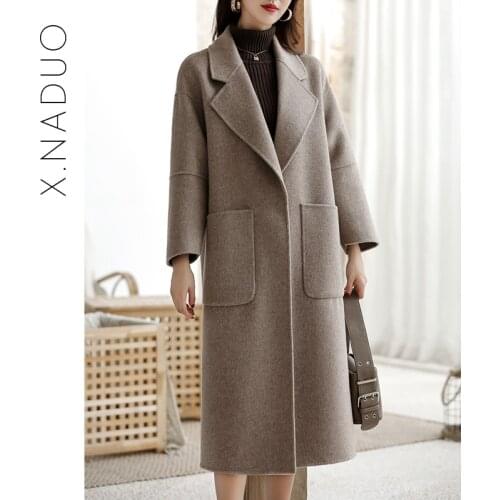 Milk tea color double-sided wool coat womens 2021 autumn and winter new leisure zero cashmere coat medium and long anti