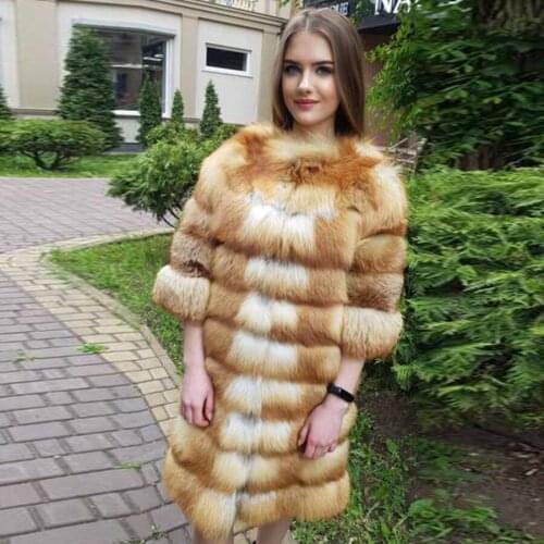 Red Fox Fur Coat Women 2021 Autumn Winter Fashion Real Fur Jacket Knee-Length Overcoat Fast Shipping