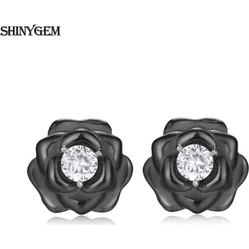 2020 Korean Black/White Ceramic Rose Flower Crystal Zircon Gem Bud Earrings For Women Minimalism Fashion Rose Stud Earrings Gift
