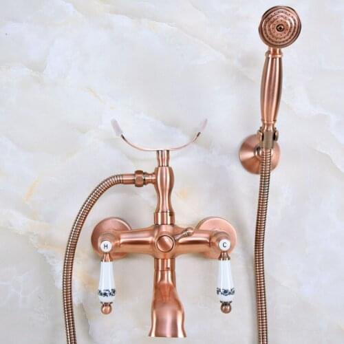 Antique Red Copper Wall Mounted Bathroom Tub Faucet Dual Ceramic Handles Telephone Style Hand Shower Clawfoot Tub Filler ana377