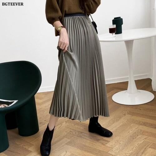 BGTEEVER Elastic High Waist Women Midi Skirts 2021 Spring Summer Solid A-line Skirts Femme Elegant Loose Female Pleated Skirts