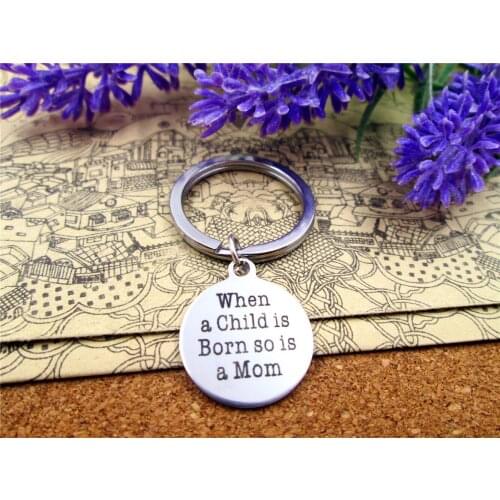 3pcs/lot 28mm stainless steel keyring with 20mm stainless steel circle round "when a child is born so is a mom"charms keyring