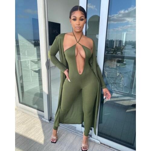 Echoine Sexy Lace Up Halter Jumpsuit Long Cardigans Outwear Two Piece Set Fitness Bodycon Rompers Cover Up Party Clubwear Outfit