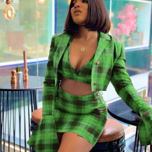 Plaid Print 3 Piece Set Women Skirts Matching Sets Sexy Club Outfits Flare Sleeve Bomber Jacket Crop Top and Mini Skirt Set