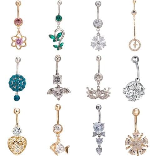 Statement Flywheel Petal Rhinestone Women Belly Button Ring Flower Shape Butterfly Pendant Medical Stainless Steel Navel Ring