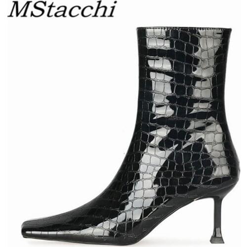 MStacchi Fashion Women Short Boots Thin Heel Crocodile Print Zipper-Sid Square Toe Slip-on Shoes Black Middle Calf Boots Femme