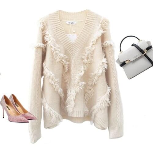 2021 New Autumn Winter Solid Kintted V--Neck Pullover Sweater Women Casual Loose TOP Female Long Sleeve Kint Tassel Sweaters