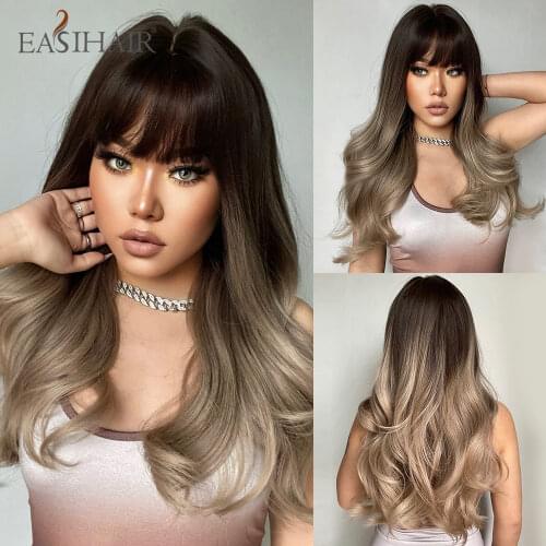 EASIHAIR Long Wavy Wig Black Dark Brown Ombre Cosplay Natural Middle Part Heat Resistant Synthetic Wigs for Black Women Bralizan