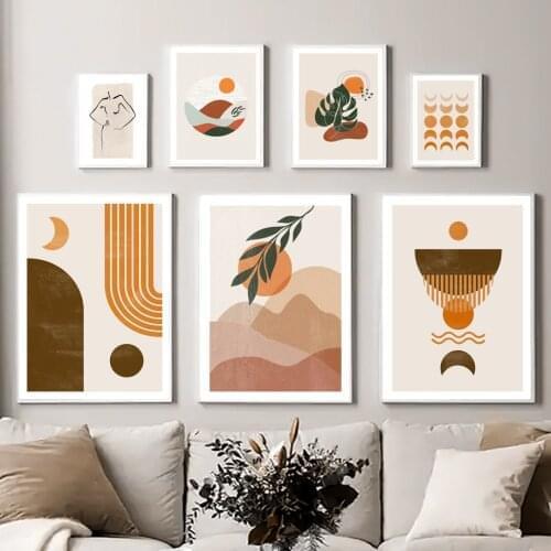 Mountain Sun Moon Monstera Line Nordic Posters And Prints Wall Art Canvas Painting Wall Pictures For Living Room Bohemian Decor