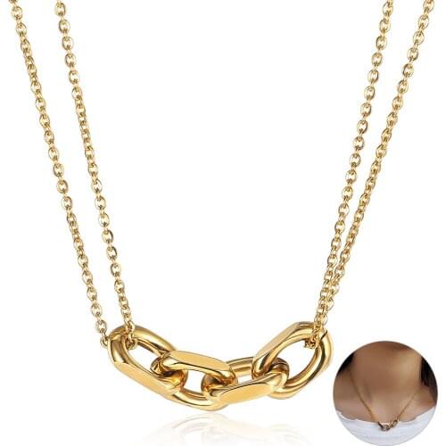 Simple Necklace For Women Gold Color Stainless Steel Charm Choker Double Rolo Link Chain Stylish Jewelry Gifts LDN248