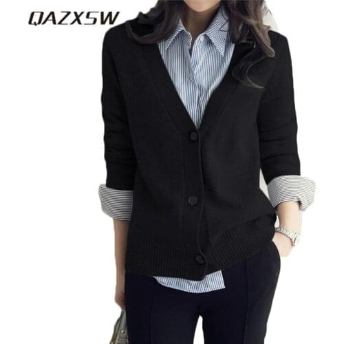 QAZXSW 2018 New Spring Women Coat Long Sleeve Woolen Coat V-Neck Women Basic Coat Ladies Knitted Cardigan Sweater Jacket HB592