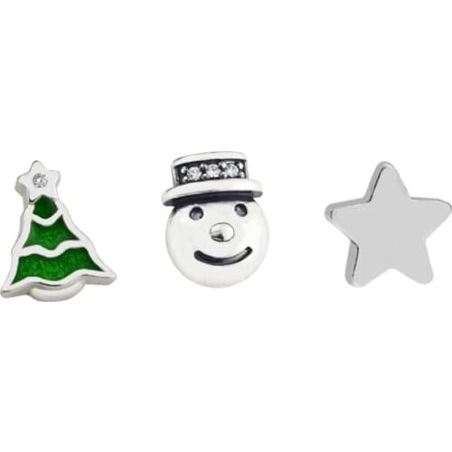 Christmas Tree Happy Snowman Shining Star Petite Set 925 Sterling Silver Charm Bead Jewelry Making Fits Floating Lockets Pendant